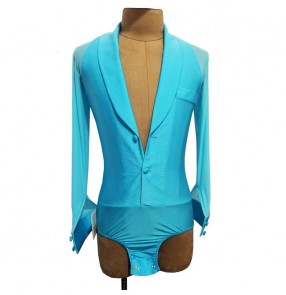 Custom size turquoise blue competition latin dance shirts for men youth juvenile waltz tango performance tops for Man